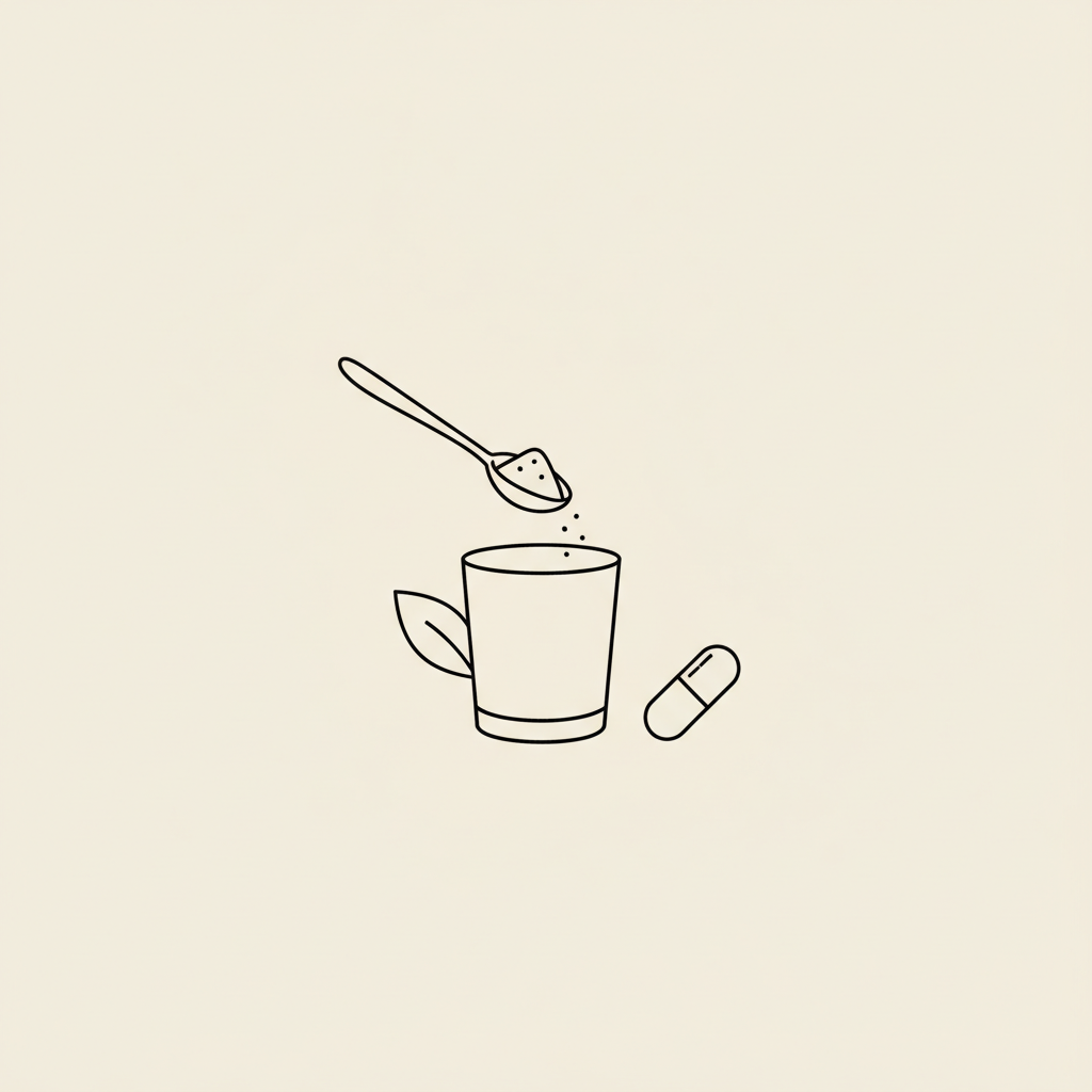 Minimalist Tonum-style line illustration of a spoon scooping fat burning powder into a glass with a stylized leaf and small capsule on a beige background