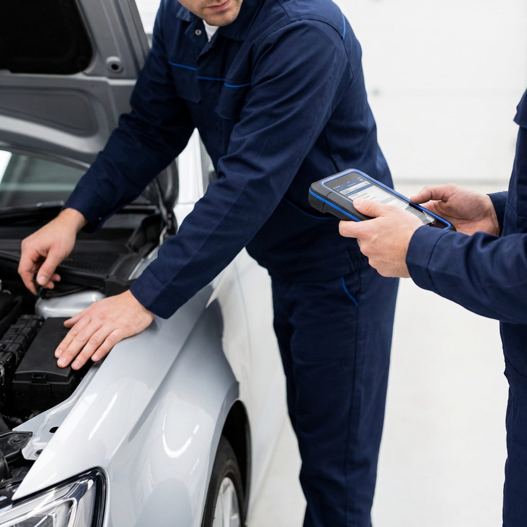 Close up of mechanic inspecting engine bay while technician holds diagnostic scanner next to a sedan chevy impala for sale on a clean white minimalist background