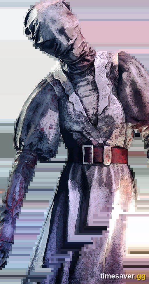 Full-body Dead by Daylight character render of The Nurse in her bloodstained Victorian nurse dress
