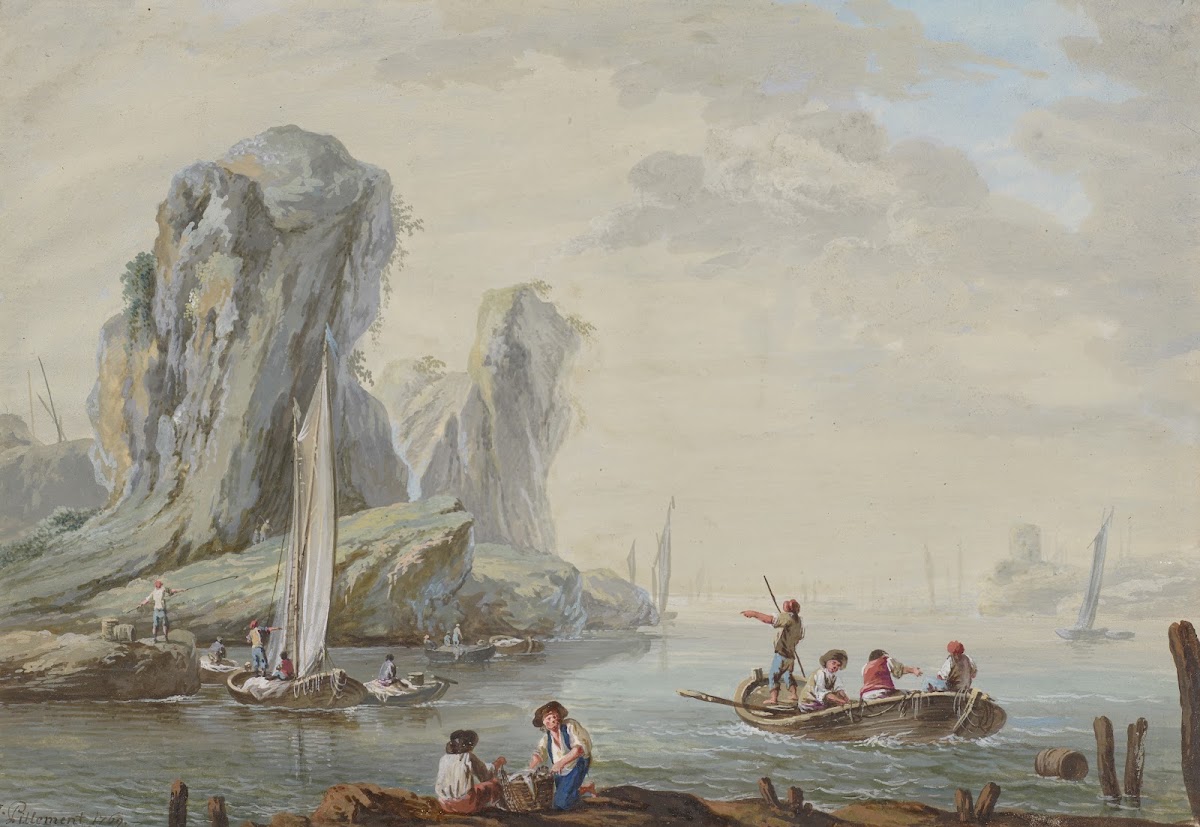Meeresbucht mit großen Felsen links und Fischern 1769