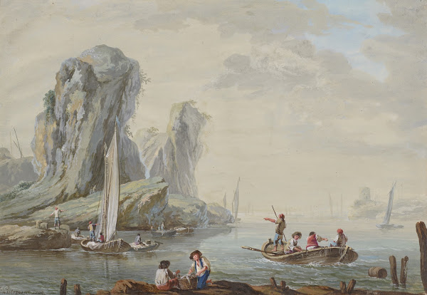 Meeresbucht mit großen Felsen links und Fischern 1769