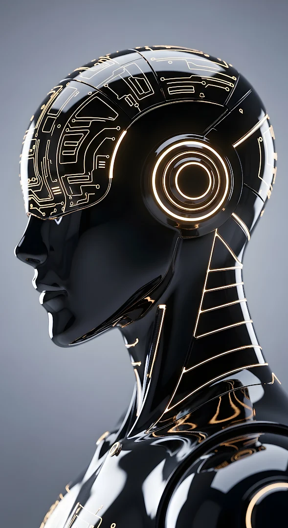 Sleek Black Android Head with Glowing Gold Circuitry