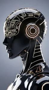 Sleek Black Android Head with Glowing Gold Circuitry