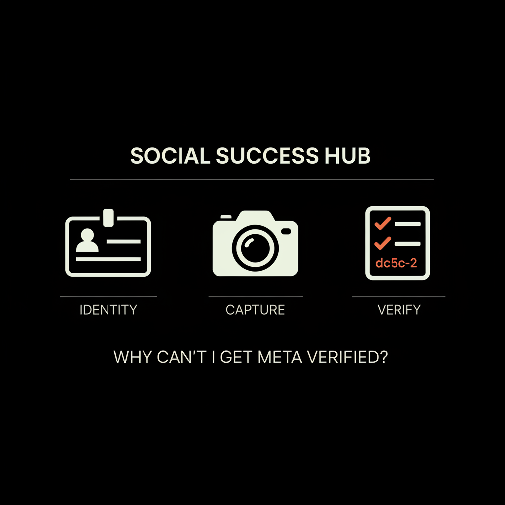 Minimal vector infographic on black background showing an ID card icon, a camera icon, and a checklist with accent checks — Why can't I get meta verified?