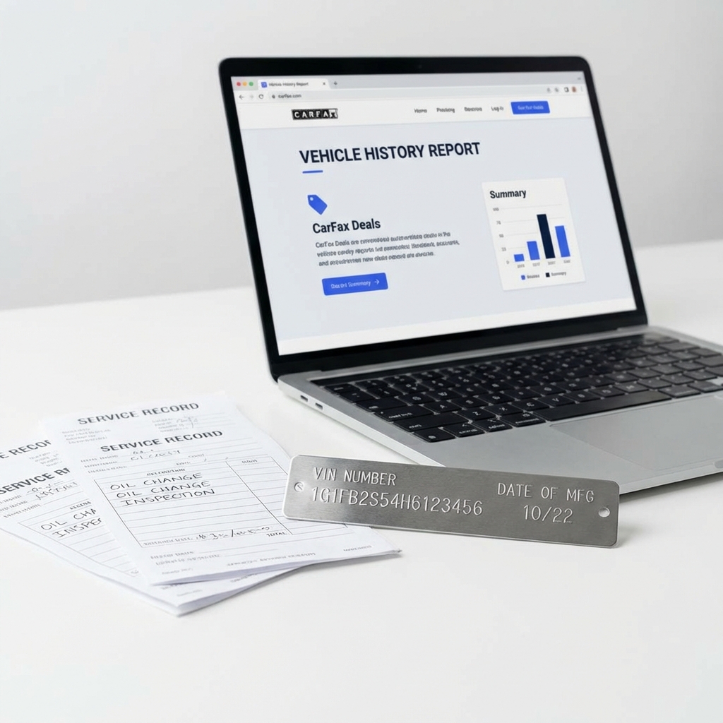 Close up of VIN plate and service receipts on white table with laptop showing vehicle history report page with CarFax Deals blue accents ford mavericks for sale