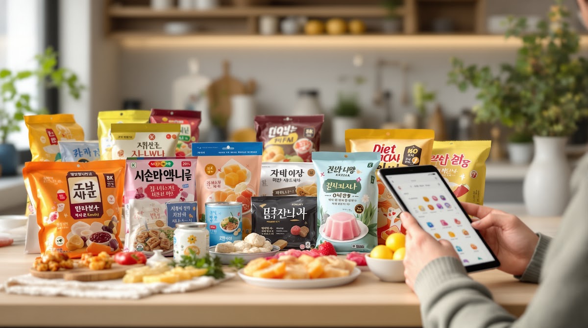 2025년 쿠팡다이어트간식 시장 동향을 보여주는 인포그래픽, 누룽지와 곤약젤리 등 다양한 다이어트 간식이 인기 순위별로 배치되어 있고, 온라인 플랫폼에서 구매하는 모습과 프리미엄 브랜드 로고가 강조됨