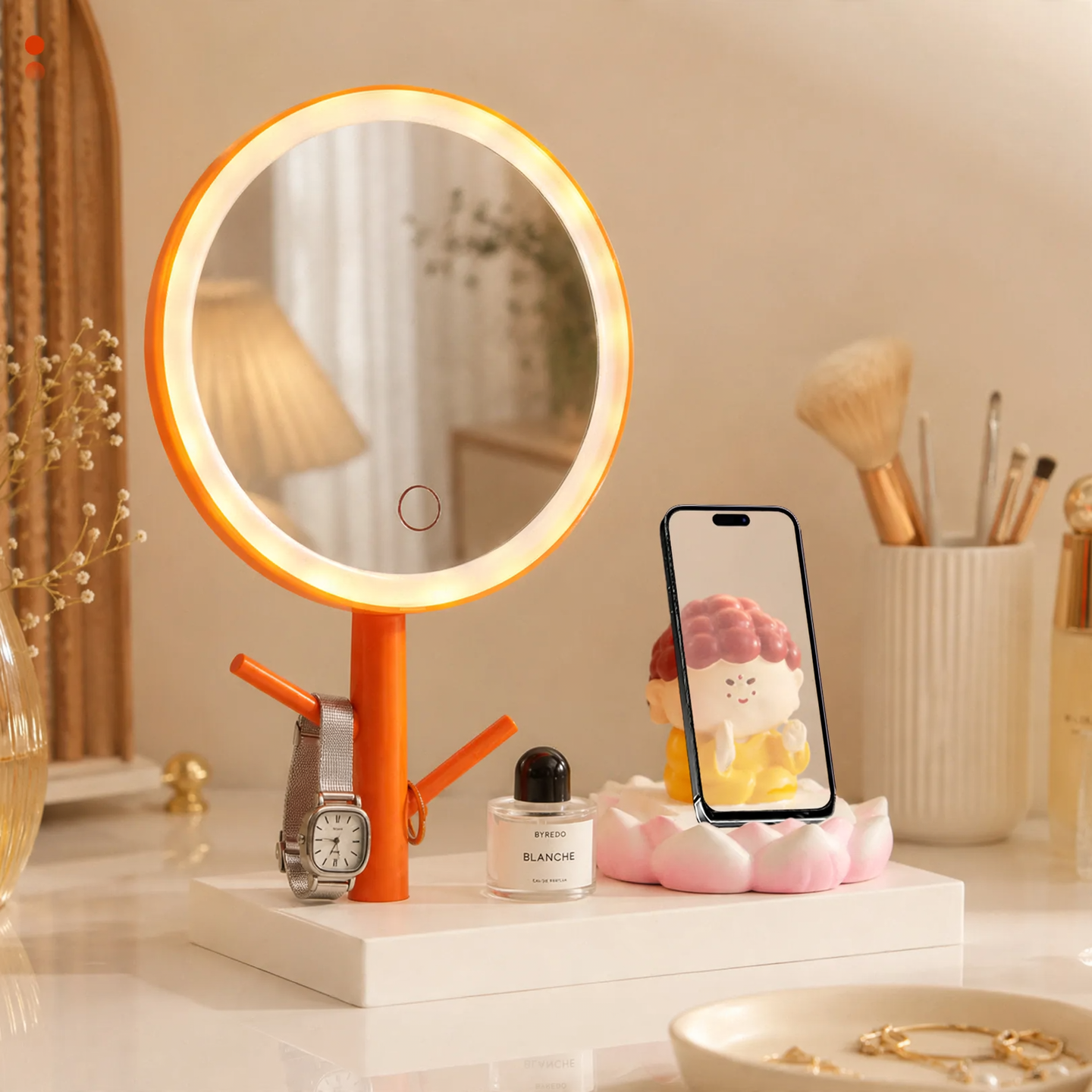 Makeup mirror with LED light and phone holder