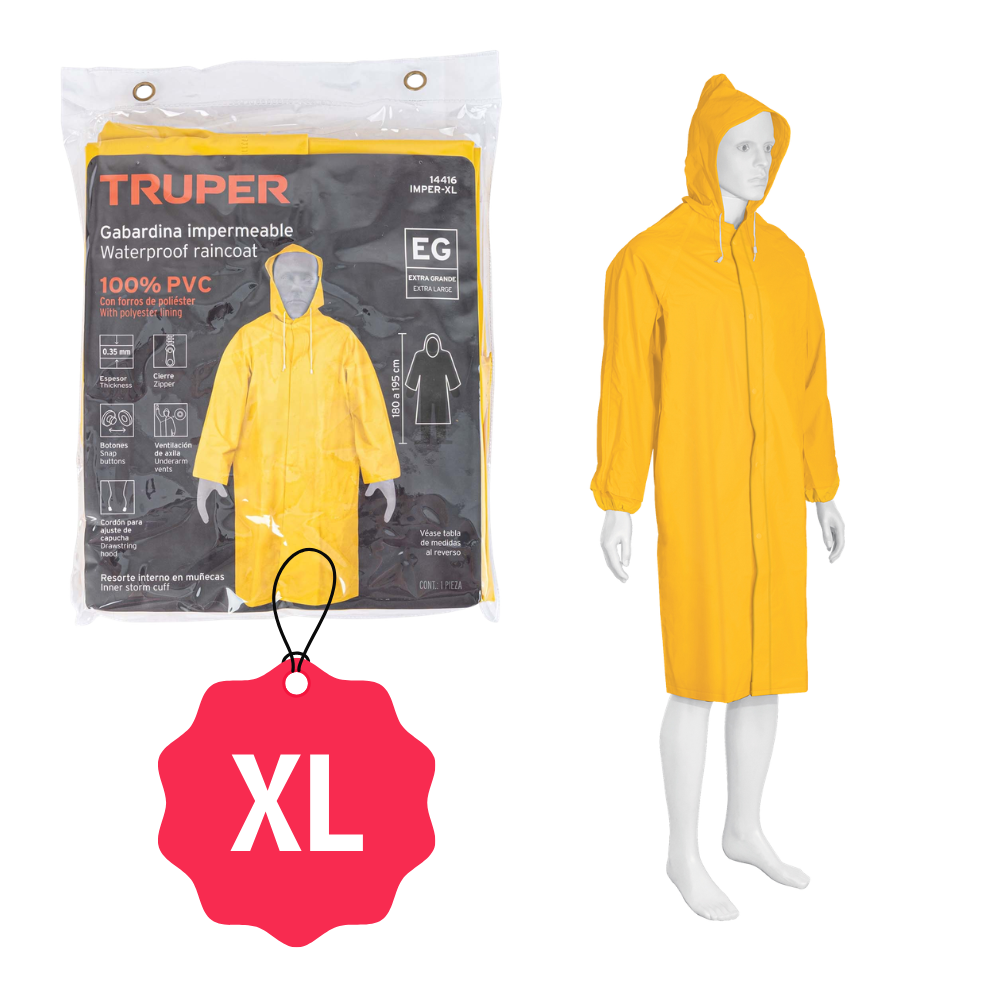 Gabardina Impermeable Doble Capa con Cierre y Botones y Capucha Ajustable Talla XL Truper