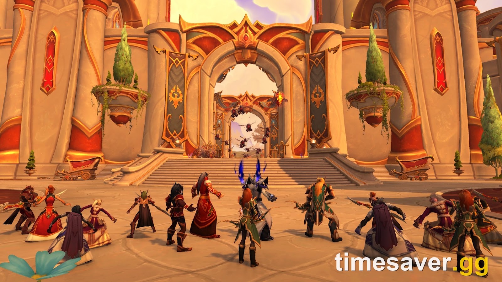 WoW Patch 12.1.5 Aqir Invasion — champions defend an elven city gate from an aqir assault