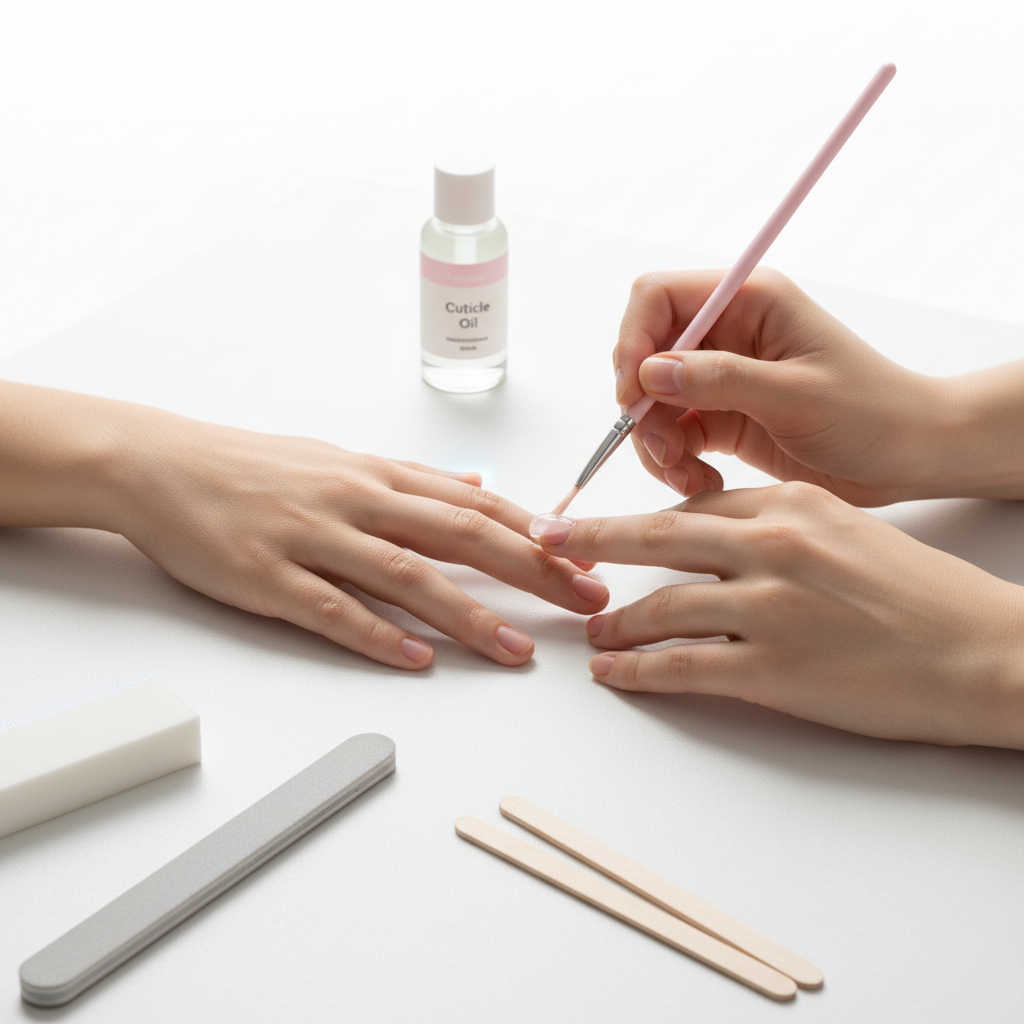 Nahaufnahme zweier Hände beim Auftragen von Gel mit feinem Pinsel auf weißem Tisch, Nagelfeile, Buffer und kleine Flasche "Cuticle Oil" in NailX Pastellfarbe – DIY Gel Nägel Starterkit