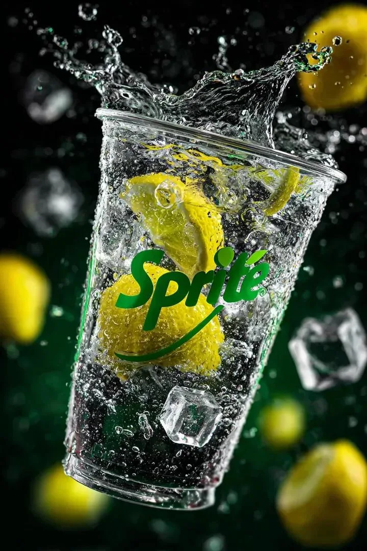Un vaso transparente lleno de refresco de limón Sprite recién hecho flotando en el aire, rodeado de burbujas de limón y lima...