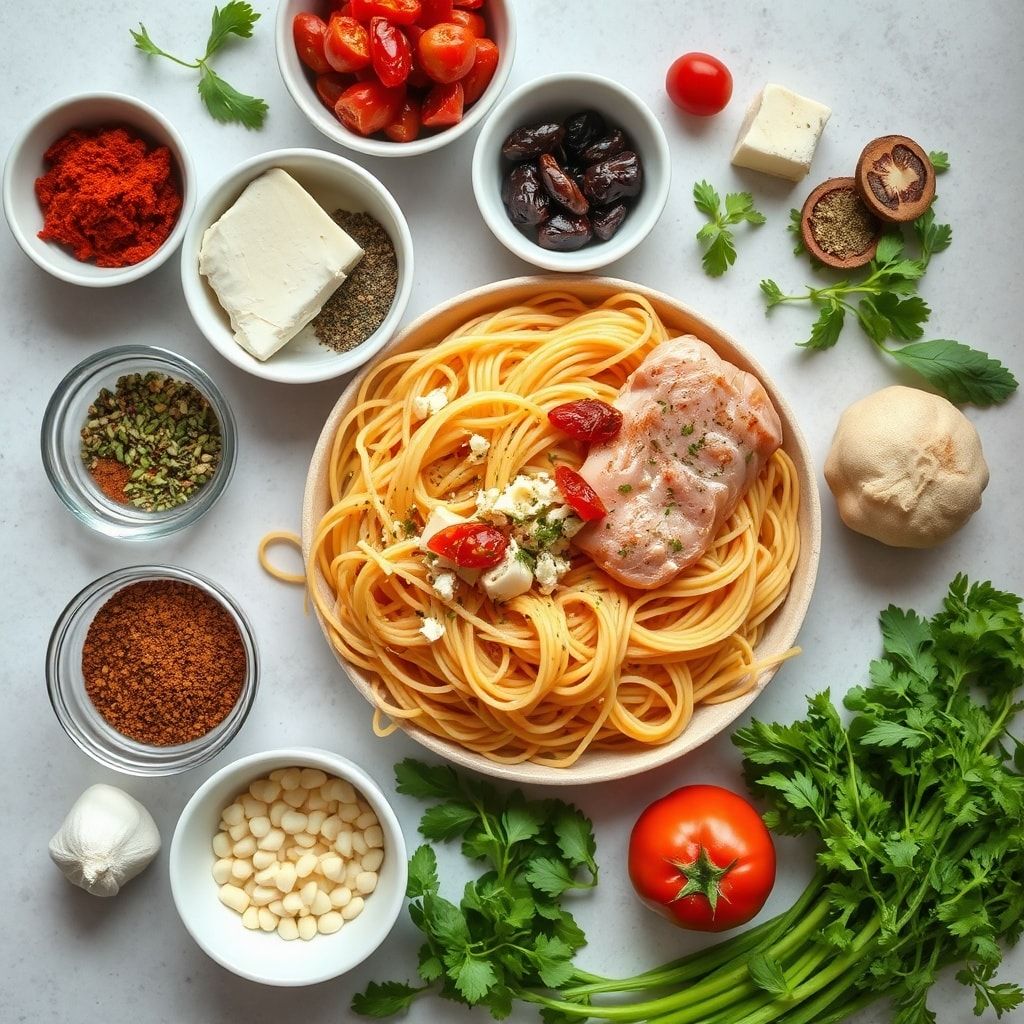 Ingredients for Easy Greek Chicken Pasta with Feta and Sun-Dried Tomatoes—30-Minute Weeknight Dinner
