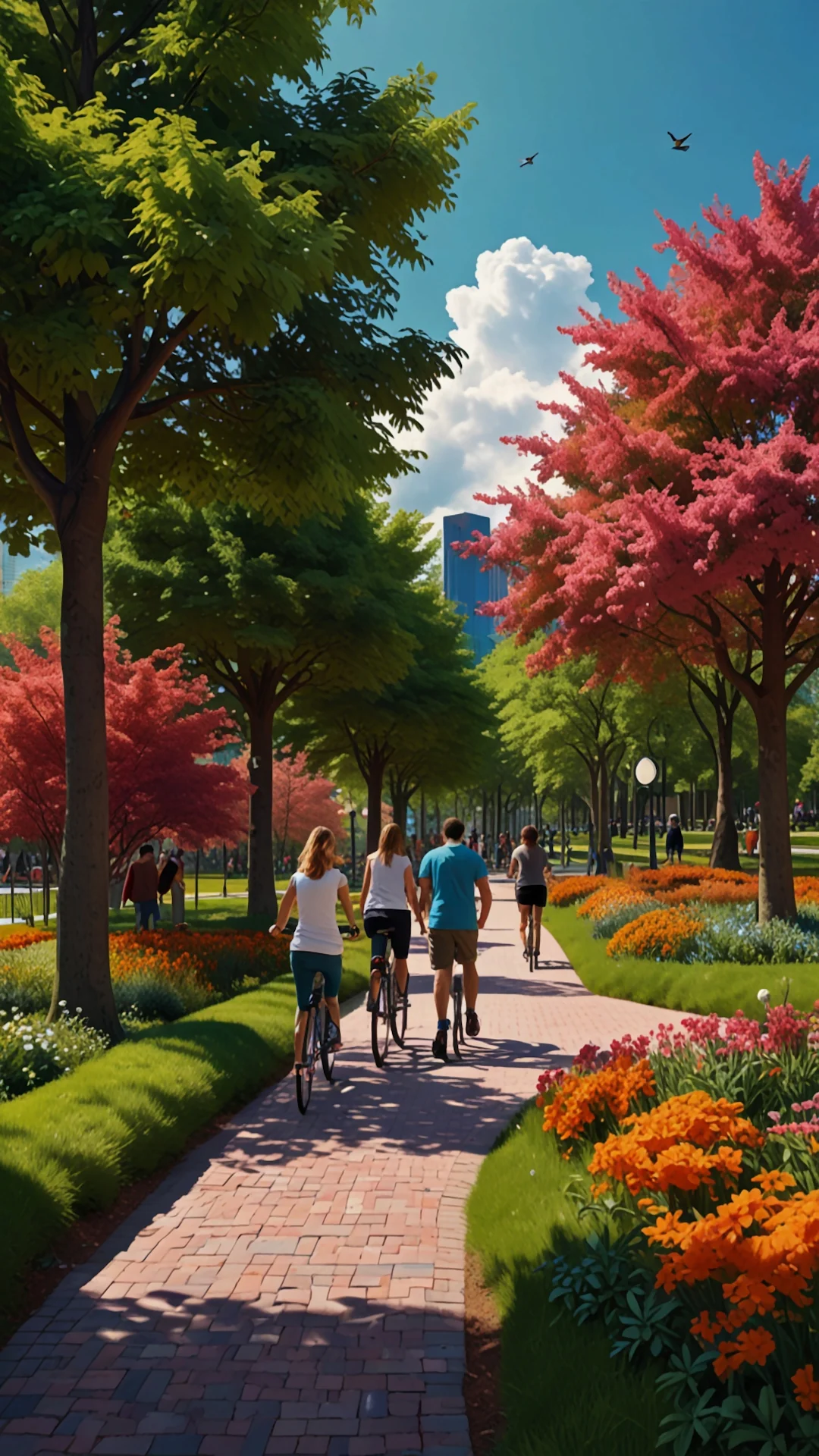 Vibrant City Park Cycling Path, Lush Urban Garden Scene - Free 4K mobile Wallpaper
