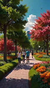 Vibrant City Park Cycling Path, Lush Urban Garden Scene
