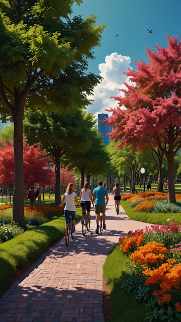 Vibrant City Park Cycling Path, Lush Urban Garden Scene - Free mobile Wallpaper