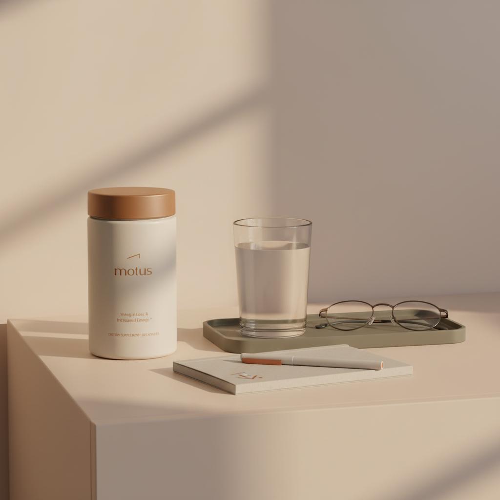 Neat bedside table at dawn with Tonum supplement bottle beside a glass of water, reading glasses, and notebook — are multivitamins good for your brain