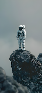 Astronaut Explorer Standing on Alien Planet Rock Summit
