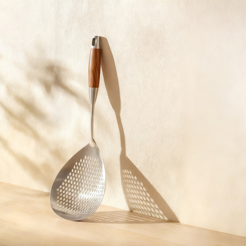 Stainless Steel Slotted Spoon with Wooden Handle, Large Size