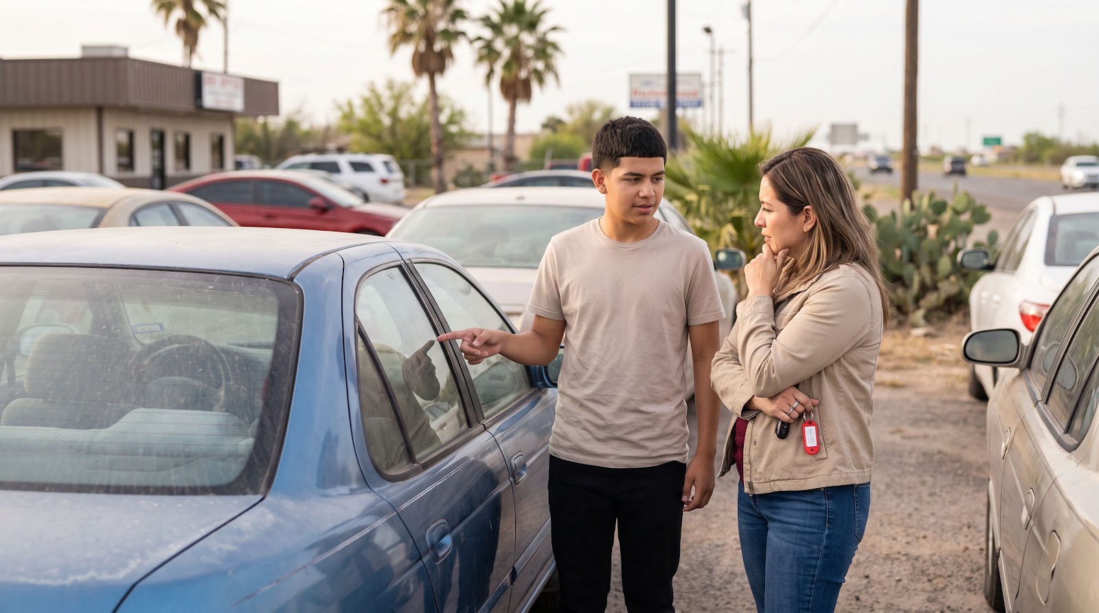 Texas adding teen driver car insurance family comparing safer cars at a dealership to help keep rates lower