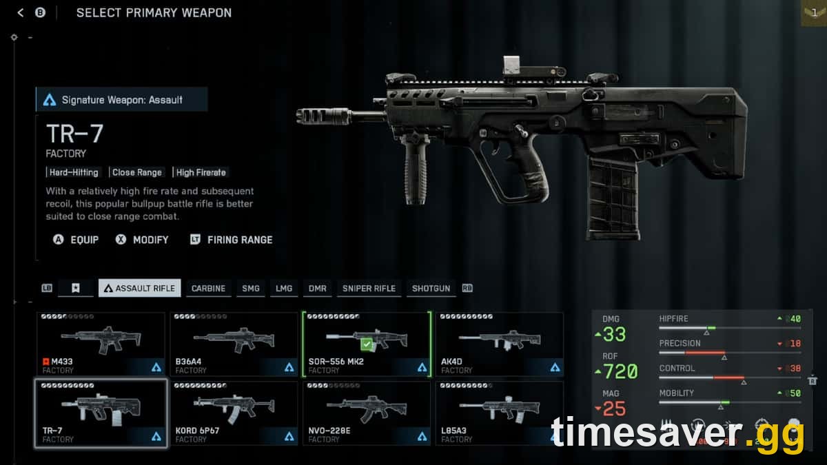 Battlefield 6 TR-7 assault rifle select screen showing its control and precision stat bars