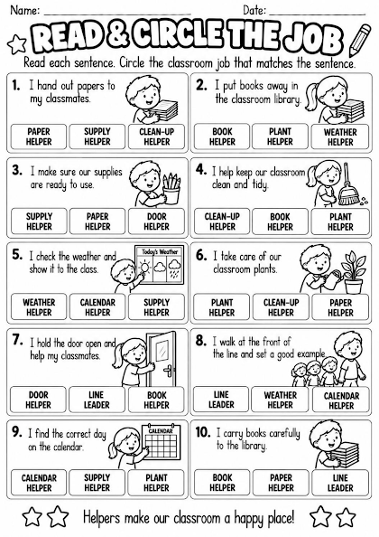Classroom Jobs Read and Circle Worksheet