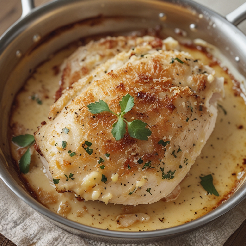 Parmesan Crusted Chicken with Creamy Garlic Sauce – Easy Family Dinner Recipe for Busy Nights