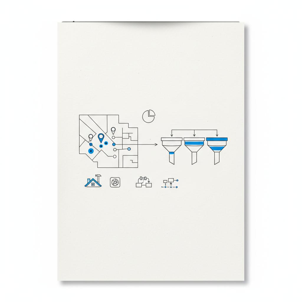 Notebook-style planner close-up showing regional map with highlighted ZIP code clusters feeding funnel diagrams, stylized roofing HVAC plumbing icons and #1a5bfb markers &mdash; construction lead cost per lead