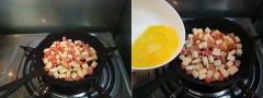 Bánh bao chay bạn cắt thành miếng vuông nhỏ vừa. Xúc xích xắt hạt lựu. Hành lá rửa sạch, xắt nhỏ. Đun nóng dầu ăn trong chảo, cho bánh bao vào chiên chín vàng giòn, sau đó cho xúc xích vào đảo đều. Trứng đập ra chén, đánh tan và đổ vào trong chảo.