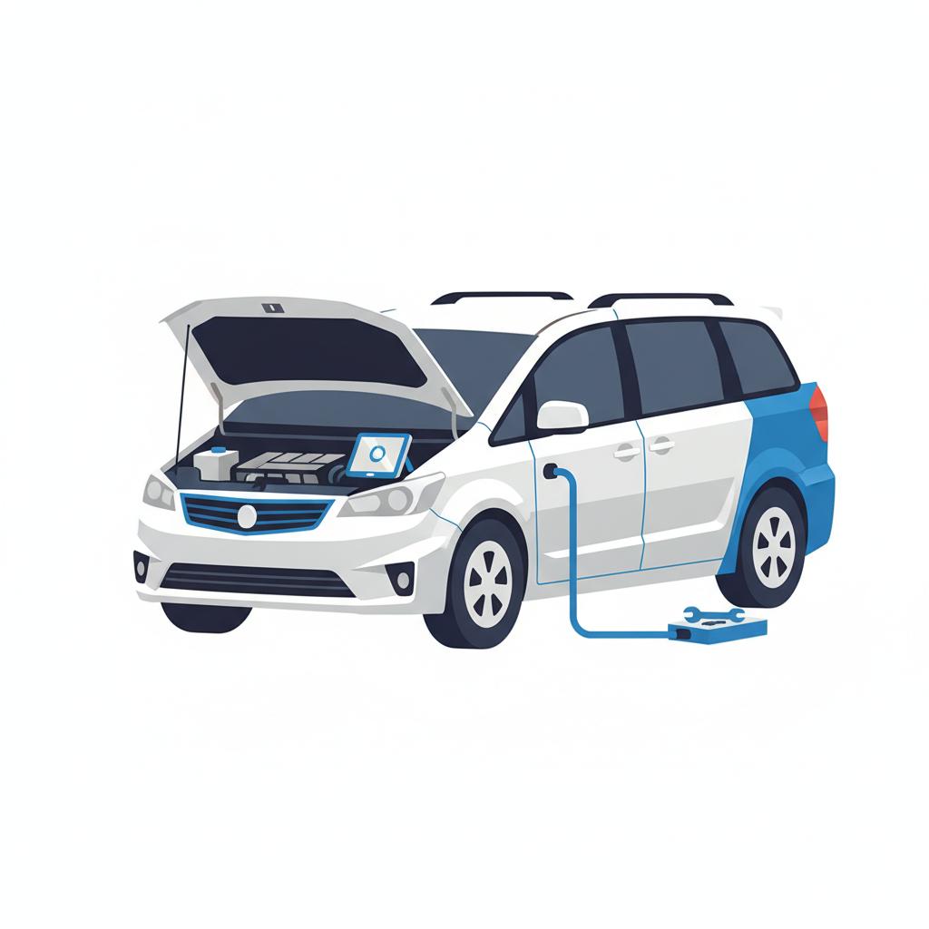 Minimalist 2D vector of a hybrid minivan with open hood and diagnostic tablet on fender no people clean white background blue accents 3666ed used toyota sienna for sale