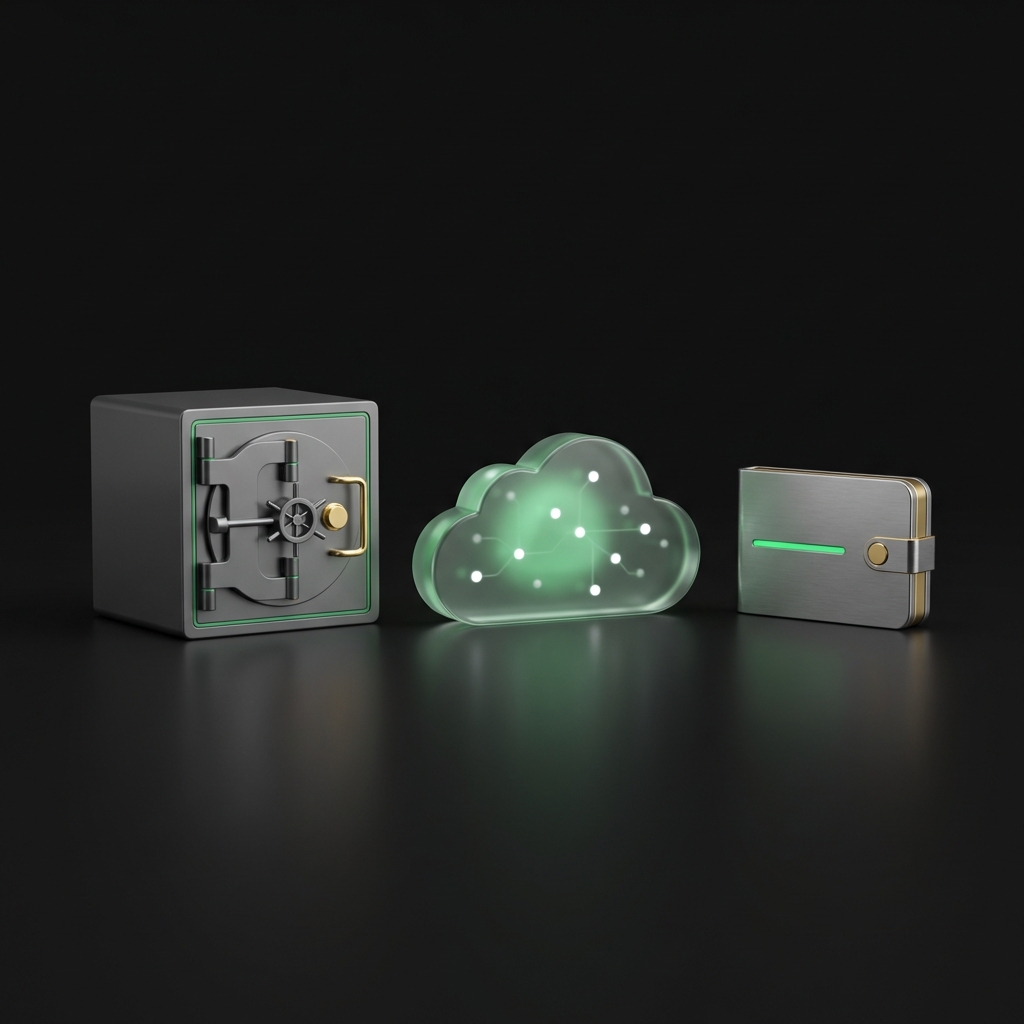 Minimalist illustration of custody options for crypto roth ira showing a locked vault a cloud exchange and a personal hardware wallet in Finance Police color palette