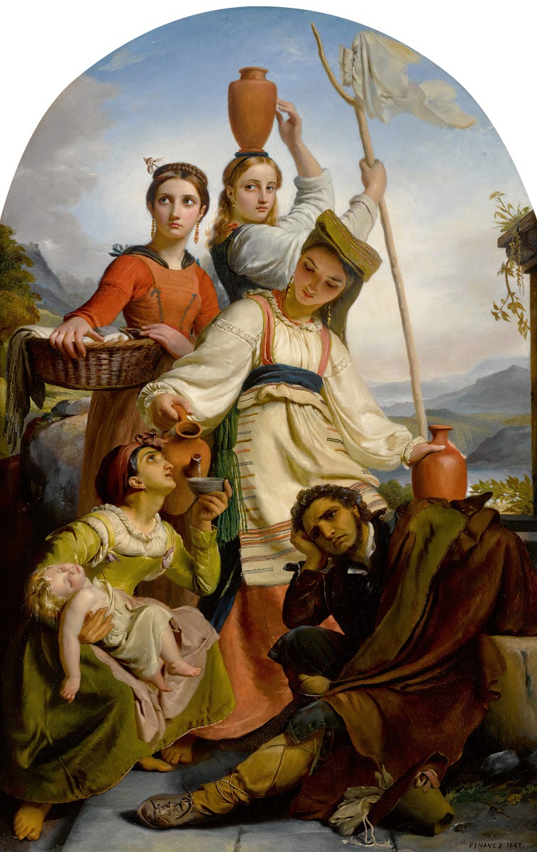 Jeunes filles à la fontaine donnant à boire à des voyageurs costumes des environ