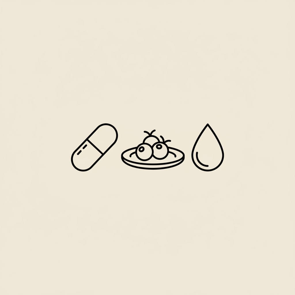 Minimalist vector line illustration of a capsule, plate with berries, and water droplet on beige background illustrating conjugated linoleic acid benefits.
