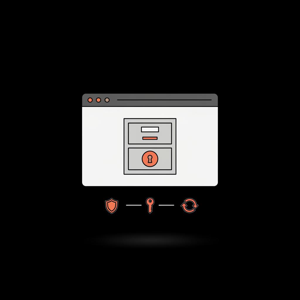 Vector illustration of a locked filing cabinet inside a browser window on black background with orange accents representing password recovery — how to recover saved passwords on Gmail?