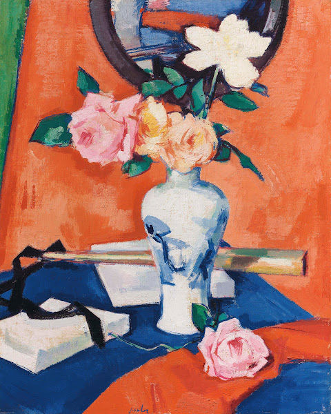 Roses in a vase against an orange background circa 1925