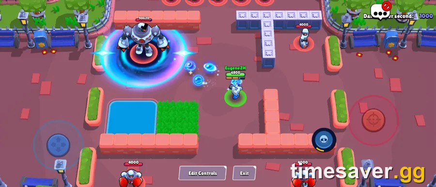 Brawl Stars Cosmo firing three orbiting projectiles while his gravitational black-hole Super pulls an enemy in a Knockout match