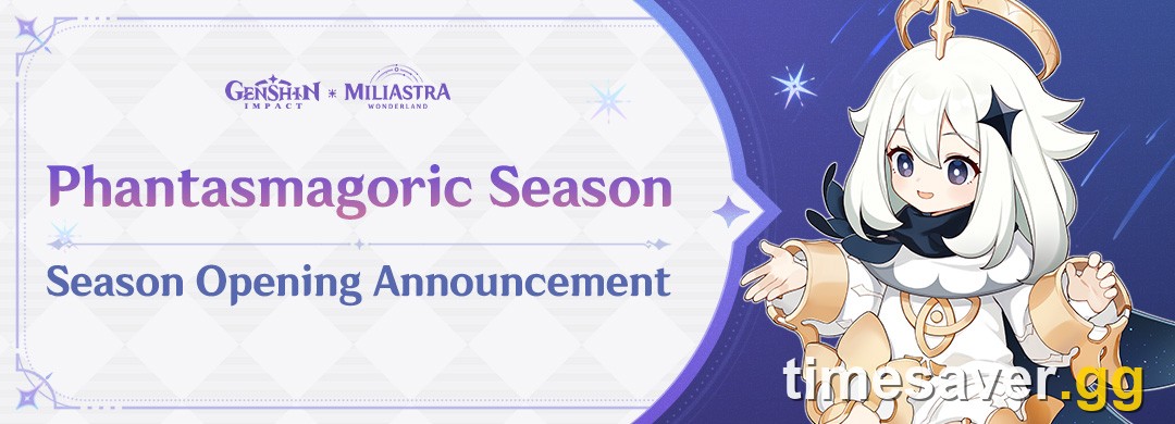 Official Genshin Impact season opening announcement banner for Phantasmagoric Season in Miliastra Wonderland, featuring Paimon