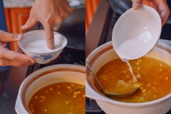 Tiếp đến cho hỗn hợp ¼ chén tinh bột bắp trộn cùng ½ chén nước vào từ từ, khuấy đều tay để súp được đặc sệt mà không bị vón. Lúc này nếu thấy quá đặc thì bạn có thể thêm nước hoặc nếu loãng thì có thể thêm bột vào nhé!
