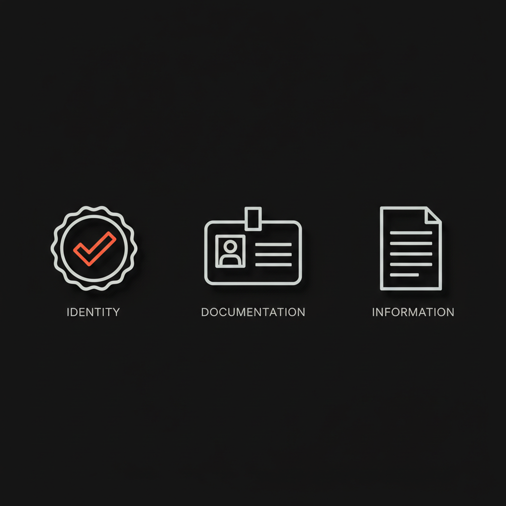 Minimal full-frame infographic showing a verification badge, ID card silhouette, and news article icon on black background with Meta verified color accents.