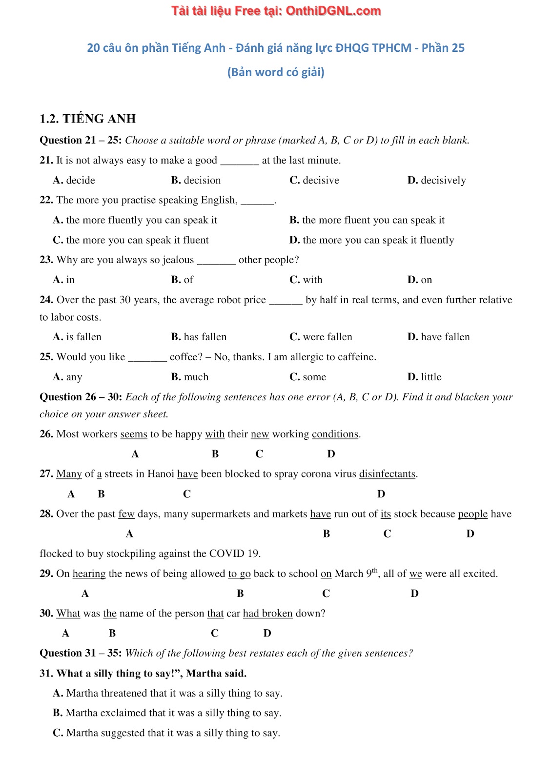 800 bài tập môn Tiếng Anh - Ôn thi ĐGNL ĐHQG TP HCM Phần 25