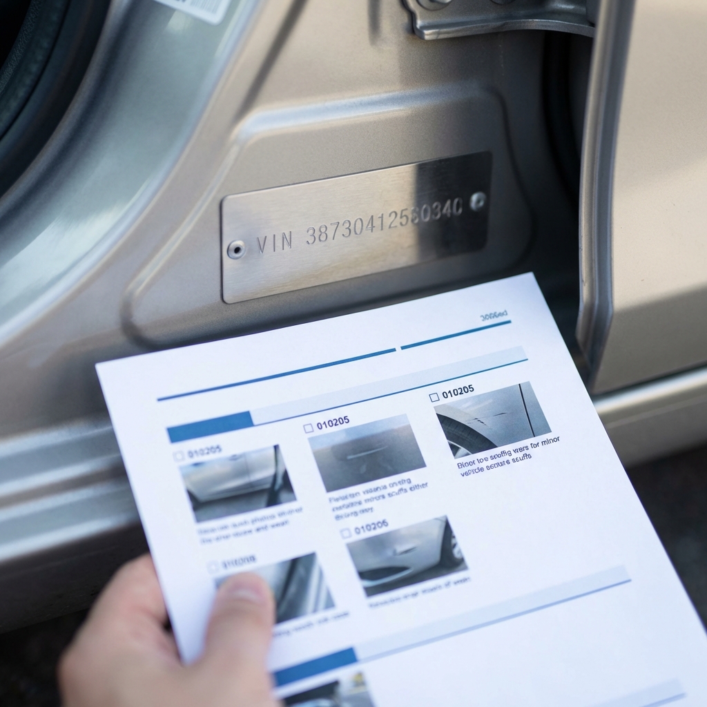 Close up of vehicle VIN plate and hand holding a checklist with photos of minor wear used to assess carvana car value on a clean white background