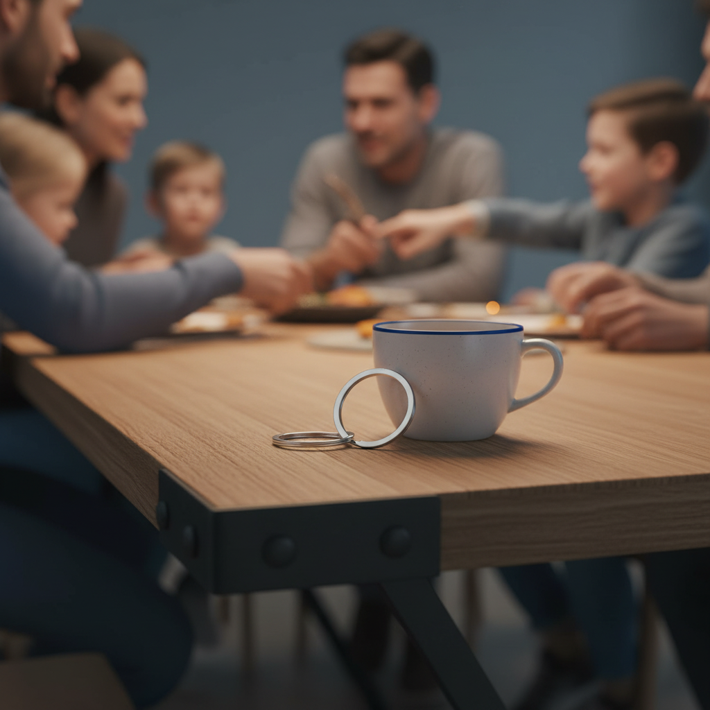 Nahaufnahme eines gravierten Edelstahl-Schlüsselanhängers neben einer Kaffeetasse auf Holztisch in warmer Abendstimmung, geschenkideen für menschen ohne hobbys