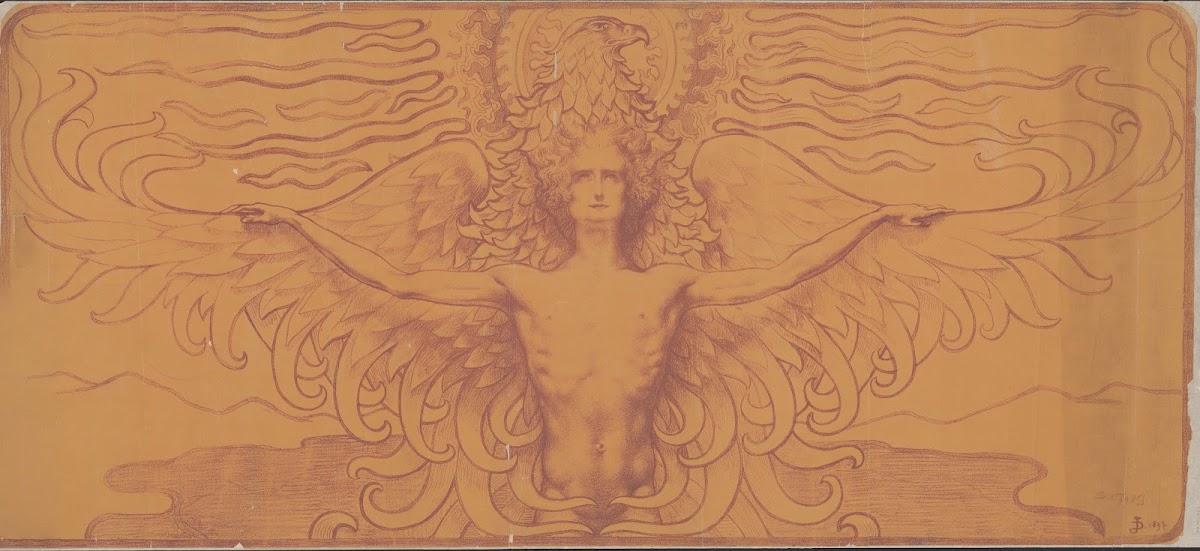 Young man with outstretched arms on the wings of an eagle 1897