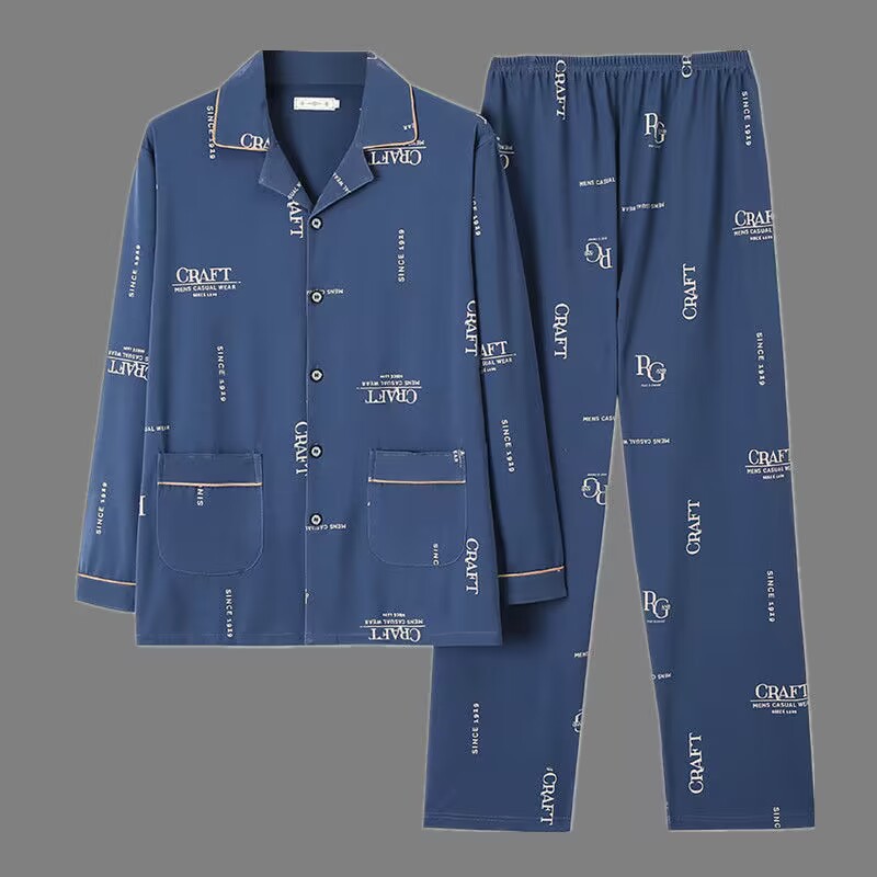 Herren-Pyjama-Set, 100% Baumwolle, langärmelig, geknöpft