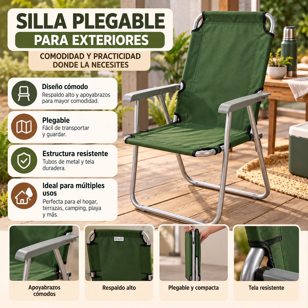 Silla plegable con apoyabrazos verde