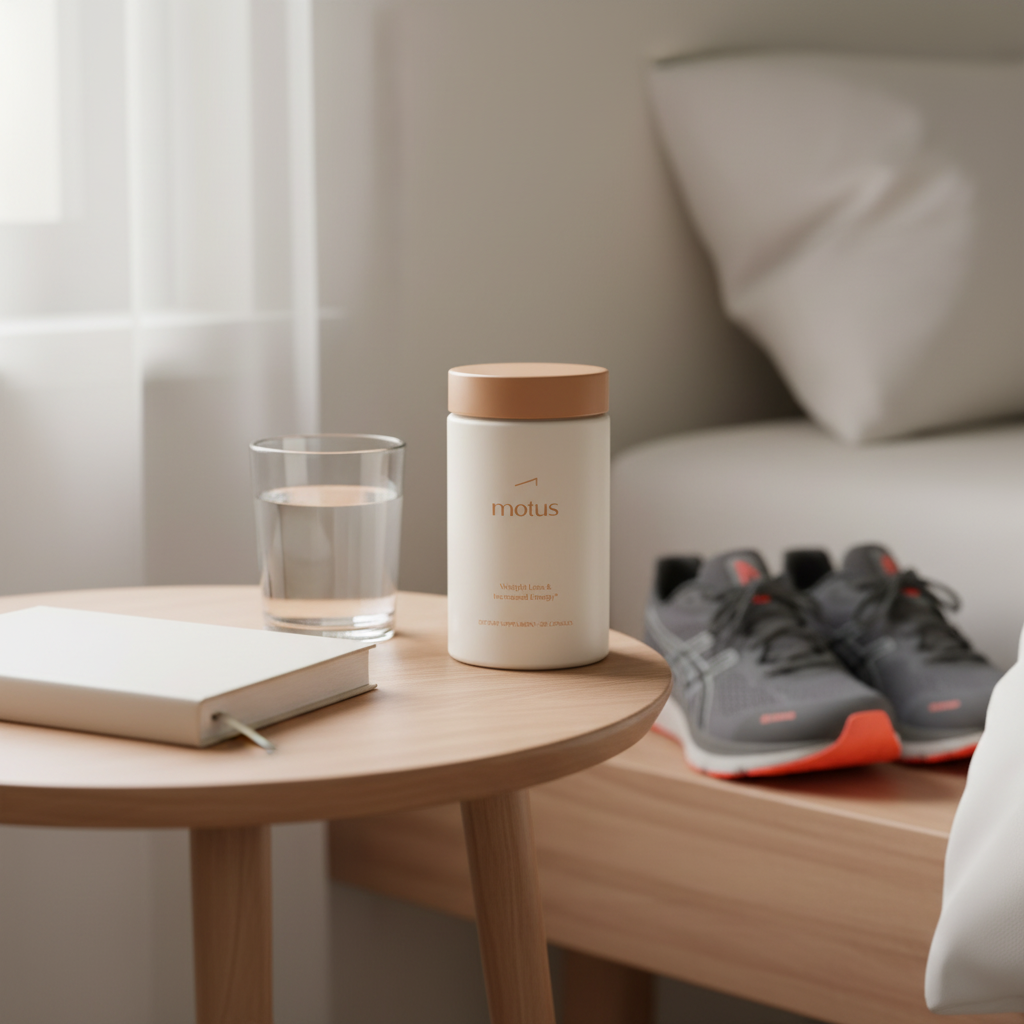Motus supplement from the reference photos on a bedside table with journal, water glass and running shoes, lifestyle scene promoting weight loss and metabolic disorder support.
