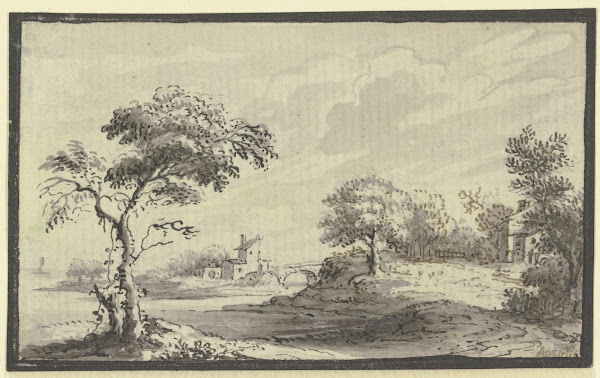 Hügelige Landschaft mit Fluß Bäumen und Häusern 1744