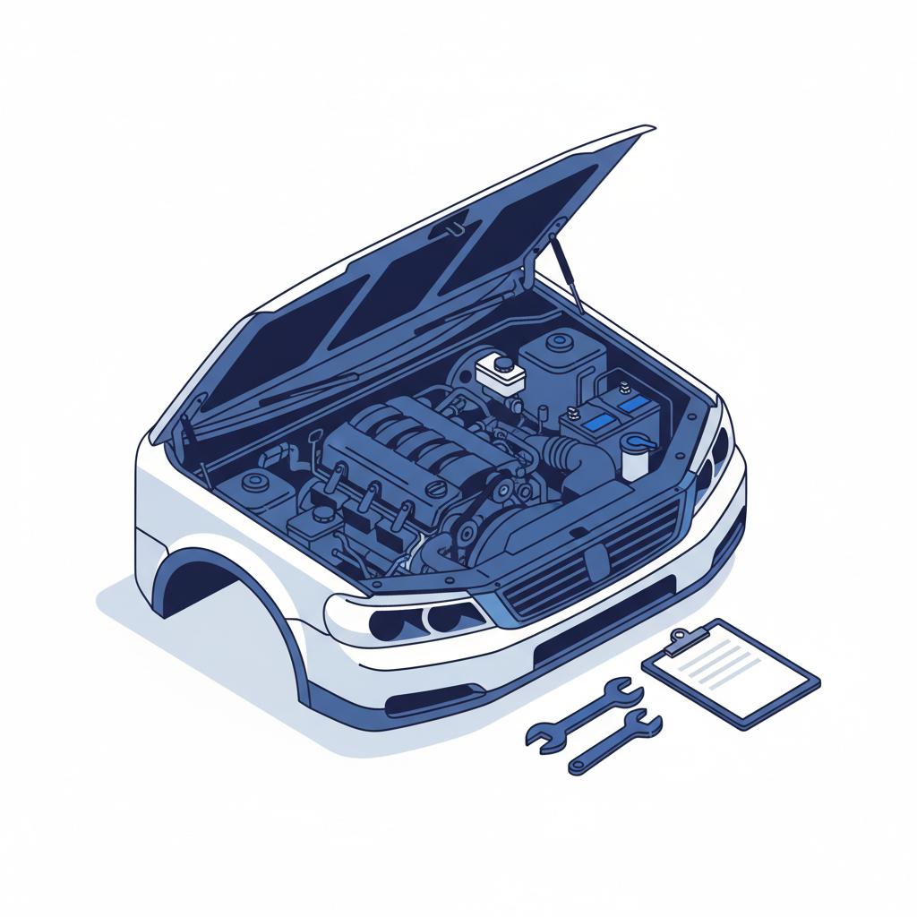 Minimalist 2D vector of an open SUV engine bay with clipboard and wrench nearby suggesting inspection during a daytime test drive for suv used cars for sale