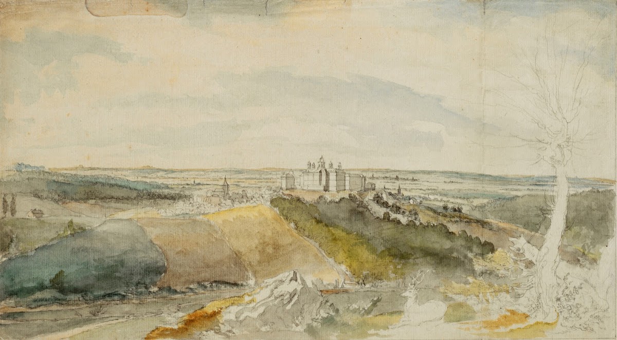 Blick über Bensberg mit dem Neuen Schloss in die Rheinebene 1781