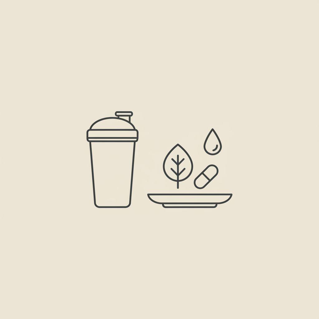 Minimal Tonum-style vector line illustration of a shaker bottle, plate with a leaf and capsule, and a water droplet on beige background — how much weight can I lose in 2 weeks on shakes?
