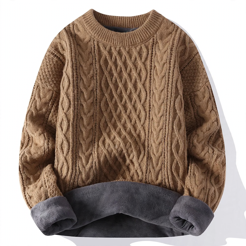 Lined knit sweater with cable pattern
